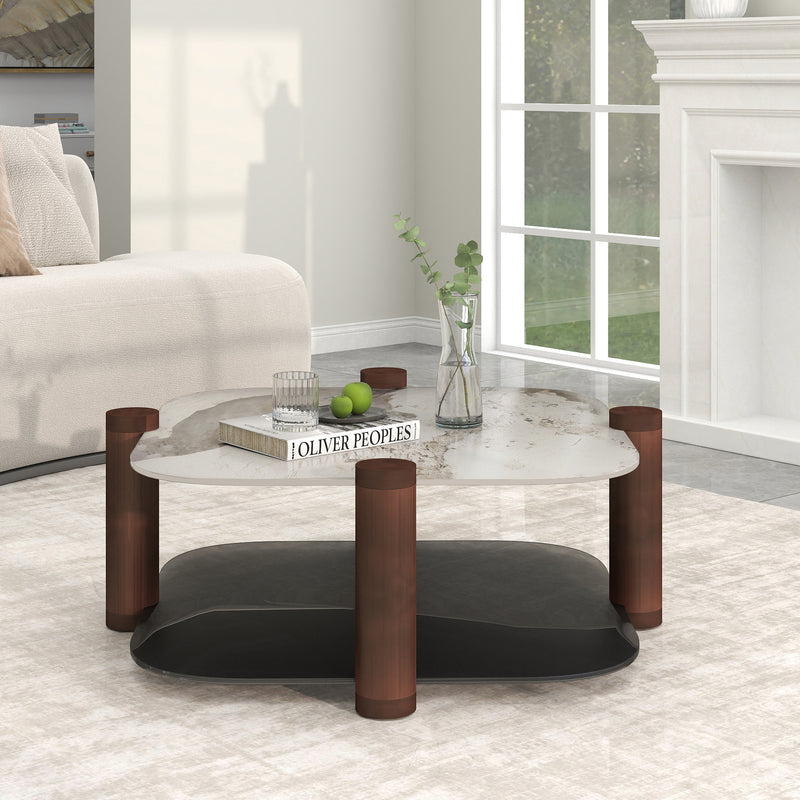 Two-Tier Coffee Table with Glass & Artificial Marble Tops, 2 Color Options (Bronze/White)