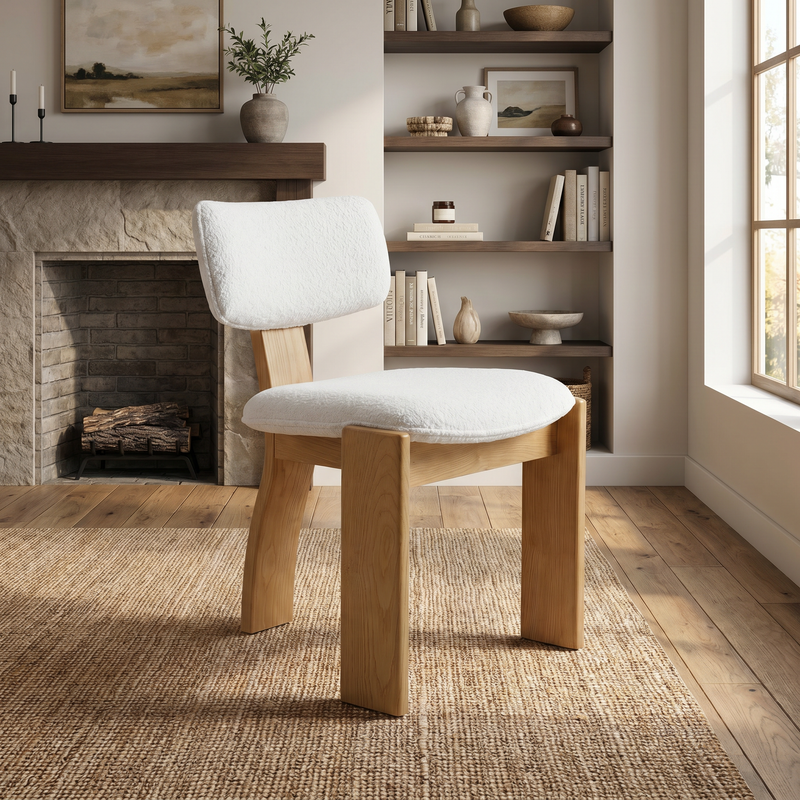 【LAS VEGAS MARKET EXHIBIT】Boucle Upholstered Solid Oak Dining Chair, Curved Thick Leg Minimalist Wabi-Sabi Side Chair for Dining Room