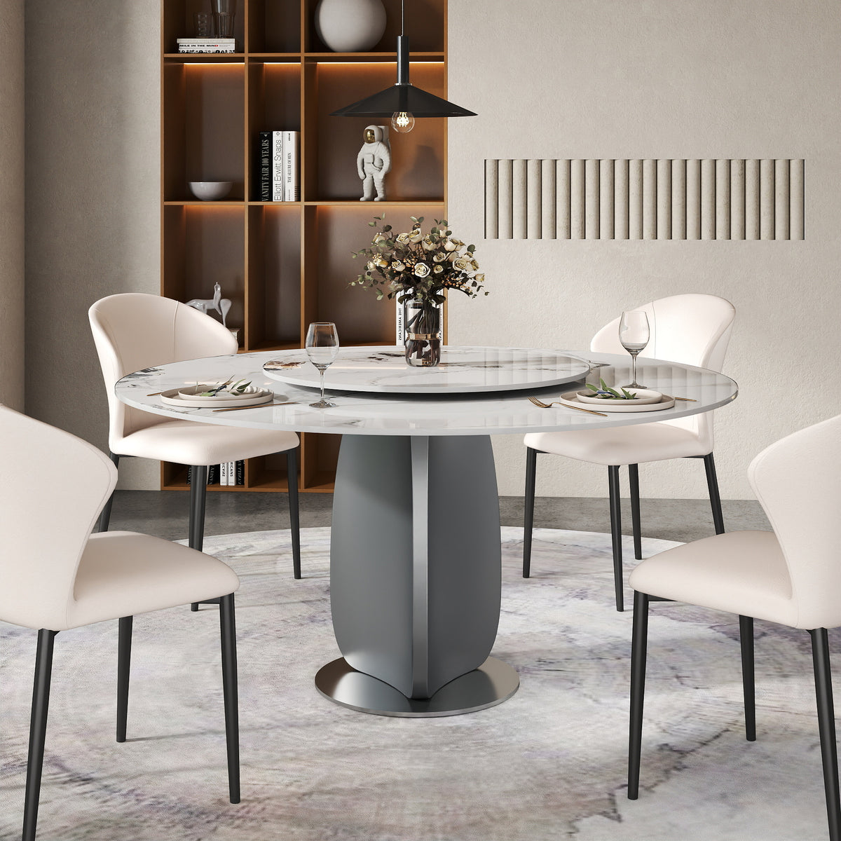 2 Sizes & 3 Colors Round Sintered Stone Dining Table – Optional Rotating Lazy Susan, Polished Gray Stainless Steel Pedestal Base, Marble Pattern Tabletop for Home Kitchen & Dining Room