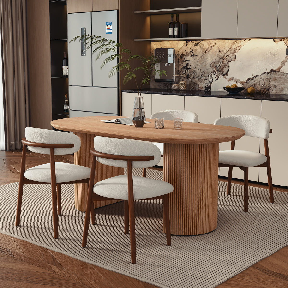 Modern Oval Fluted Pedestal Dining Table – Solid Wood Grain Tabletop for Dining Room