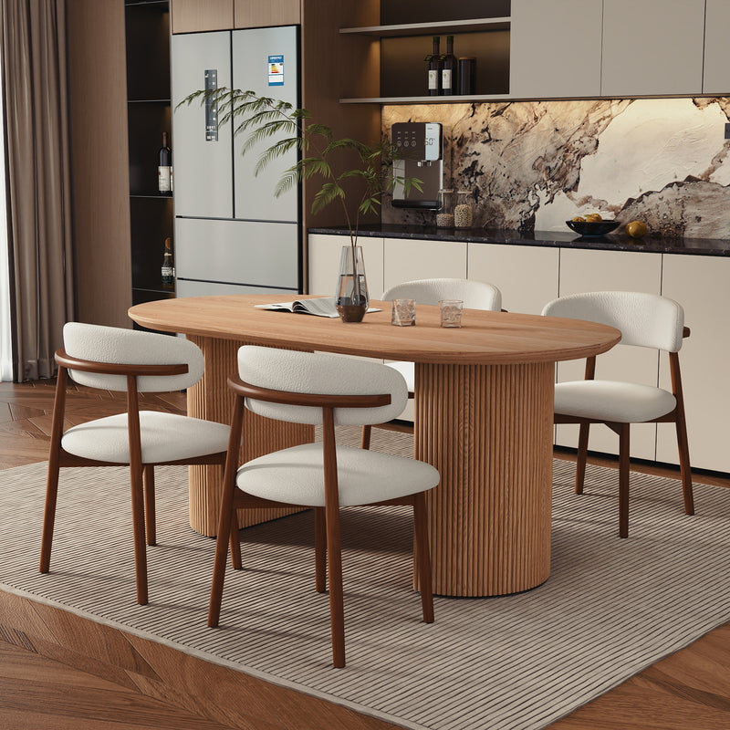 Modern Oval Fluted Pedestal Dining Table – Solid Wood Grain Tabletop for Dining Room