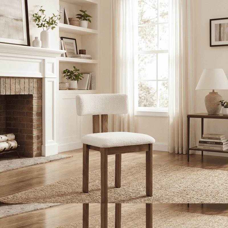 【LAS VEGAS MARKET EXHIBIT】Lambswool Upholstered Dining Chair – Walnut Wood Frame Minimalist Side Chair