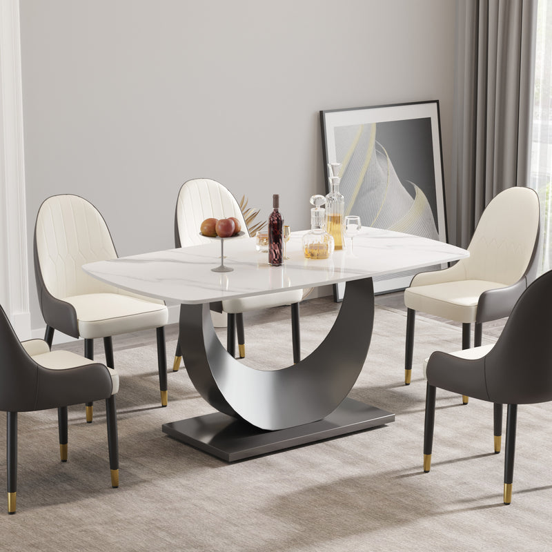63″ Light Luxury Sintered Stone Dining Table with Stainless Steel Base,Dining Table for 6 Person for Dining Room, White Tabletop