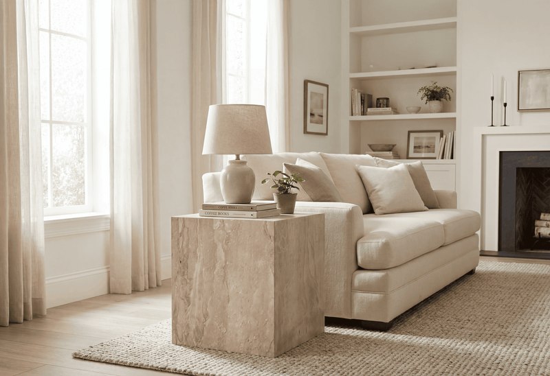 Travertine Veneer Block Side Table – Lightweight Accent Table for Living Room