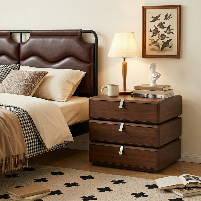 Rotating 3-Drawer Walnut Nightstand – Modern Rotatable Bedside Table with Metal Handles
