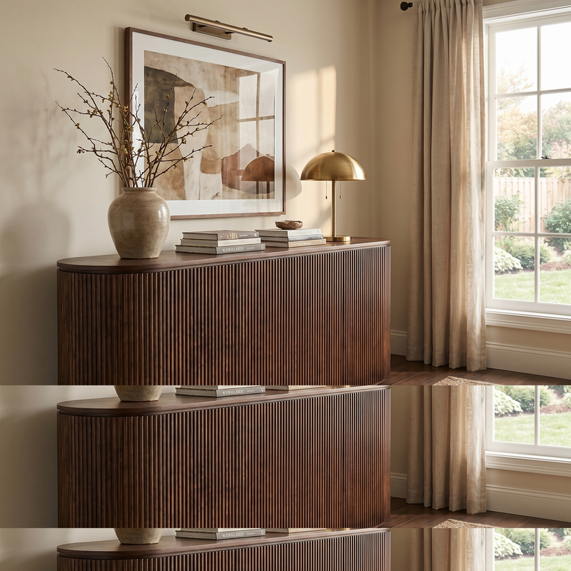【LAS VEGAS MARKET EXHIBIT】Fluted 4-Door Oval Sideboard, Dark Walnut Finished Wood Ribbed Credenza with Fixed Internal Storage Shelves