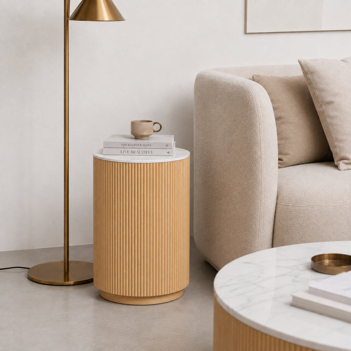 Ribbed Round Side Table – Natural Wood with Marble Tabletop, Modern End Table for Living Room