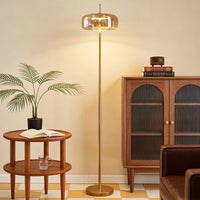 Modern Gold Floor Lamp with Amber Glass Shade – Standing Lamp for Living Room & Bedroom