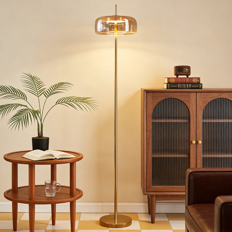 Modern Gold Floor Lamp with Amber Glass Shade – Standing Lamp for Living Room & Bedroom