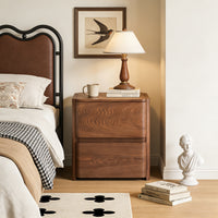 Curved 2-Drawer Solid Wood Nightstand – Modern Minimalist Bedside Table with Natural Grain