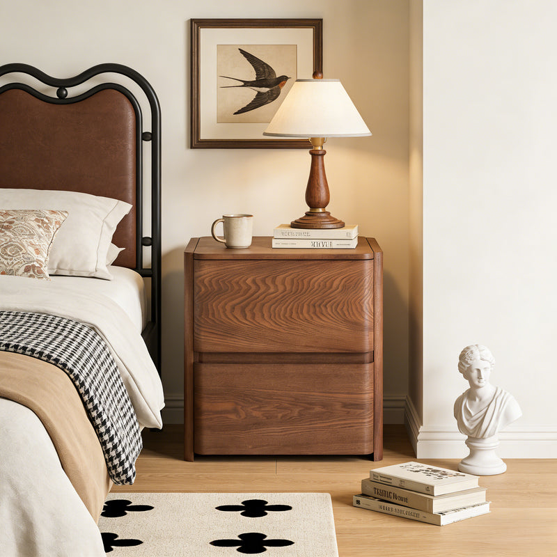 Curved 2-Drawer Solid Wood Nightstand – Modern Minimalist Bedside Table with Natural Grain