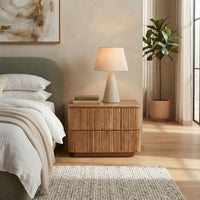 Fluted Wood 2-Drawer Nightstand, Smooth Curved Trim Wooden Bedside Storage Cabinet for Minimalist Bedroom