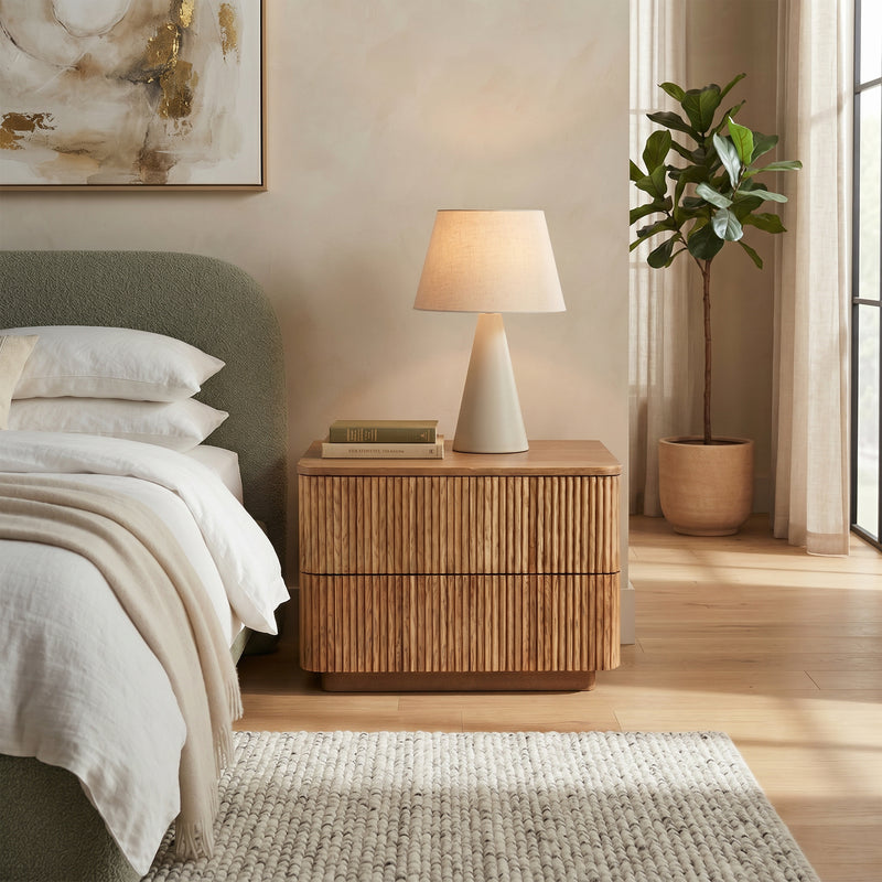 Fluted Wood 2-Drawer Nightstand, Smooth Curved Trim Wooden Bedside Storage Cabinet for Minimalist Bedroom