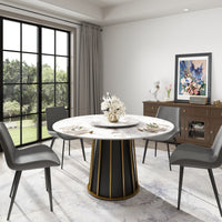 2 Sizes & 3 Colors Round Marble-Pattern Dining Table – Optional Rotating Lazy Susan, Black & Gold Metal Pedestal Base