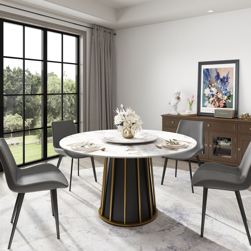 2 Sizes & 3 Colors Round Marble-Pattern Dining Table – Optional Rotating Lazy Susan, Black & Gold Metal Pedestal Base