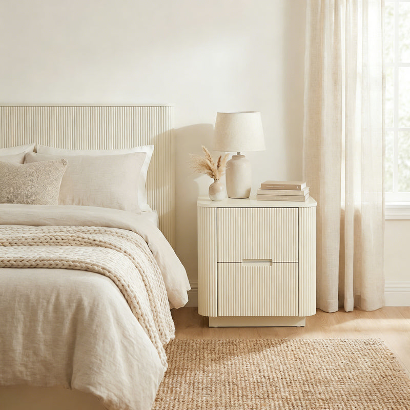 Fluted 2-Drawer Nightstand with Rounded Edges – Modern Minimalist Bedside Table