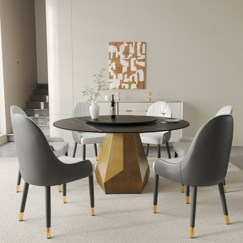 2 Sizes & 2 Colors Round Dining Table – Optional Rotating Lazy Susan, Gold-Geometric Pedestal Base