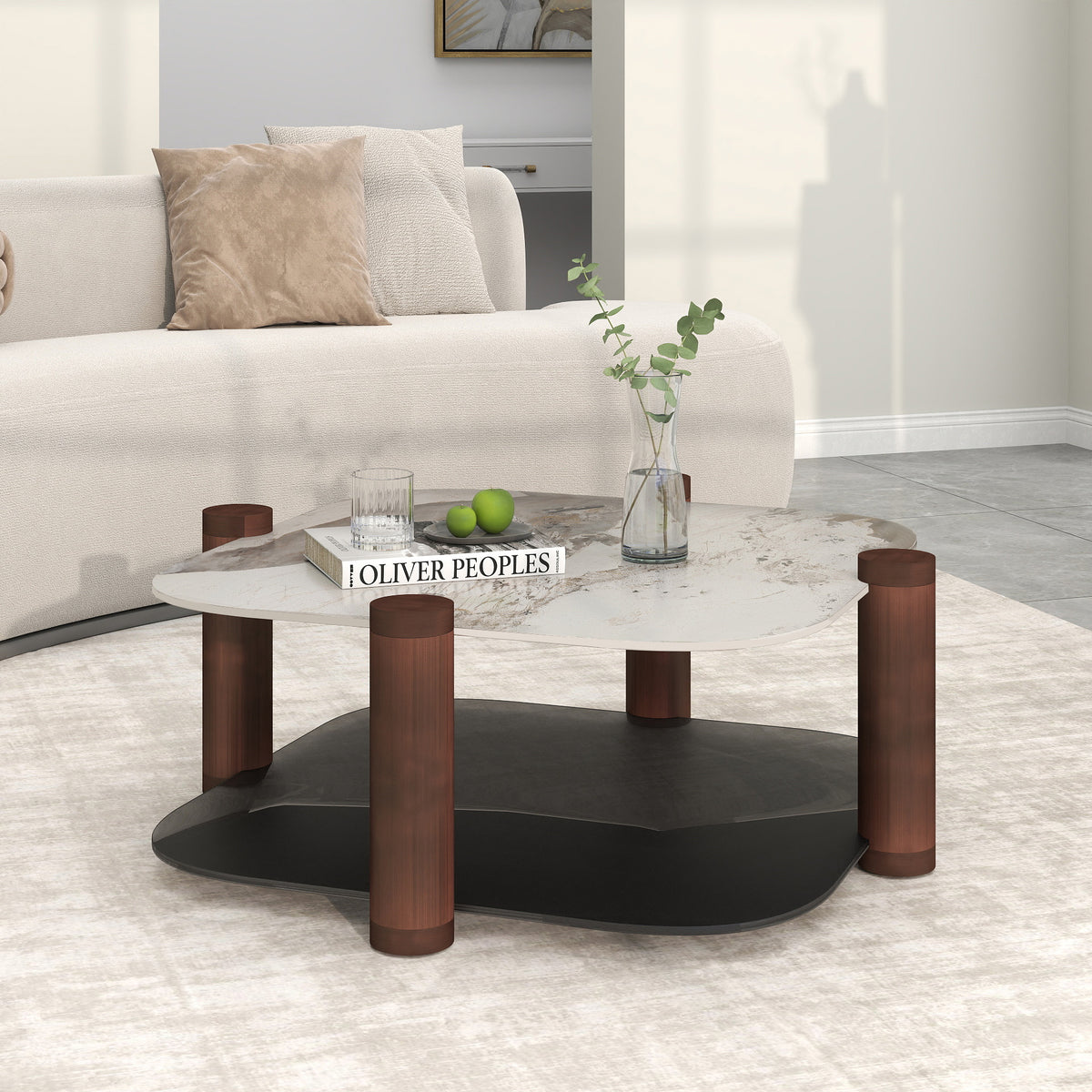Two-Tier Coffee Table with Glass & Artificial Marble Tops, 2 Color Options (Bronze/White)
