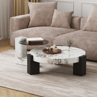 Black & White Veined Laminate Round Coffee Table – Contrast Block Legs Center Table