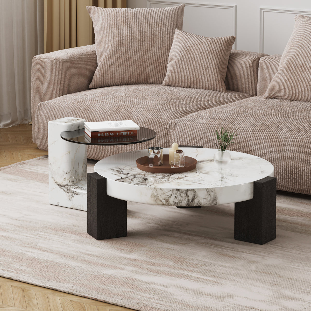 Black & White Veined Laminate Round Coffee Table – Contrast Block Legs Center Table
