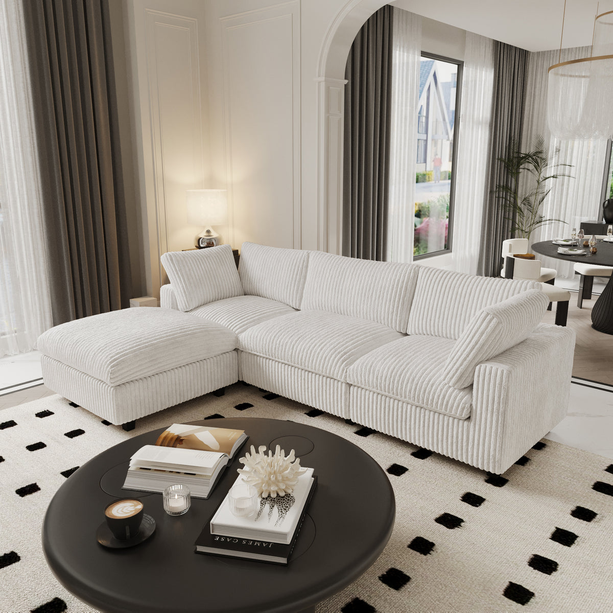 L-Shaped Corduroy Modular Sofa with Ottoman – Cream White Ribbed Fabric, Sectional Sofa for Living Room