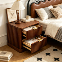 Fluted Solid Wood Nightstand with 2 Drawers, Vintage Rounded Bedside Cabinet for Bedroom Storage