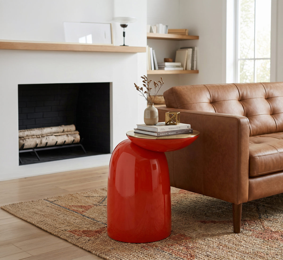 【LAS VEGAS MARKET EXHIBIT】Glossy Orange-Red Sculptural Side Table, Brushed Brass Round Top Modern Accent End Table for Living Room