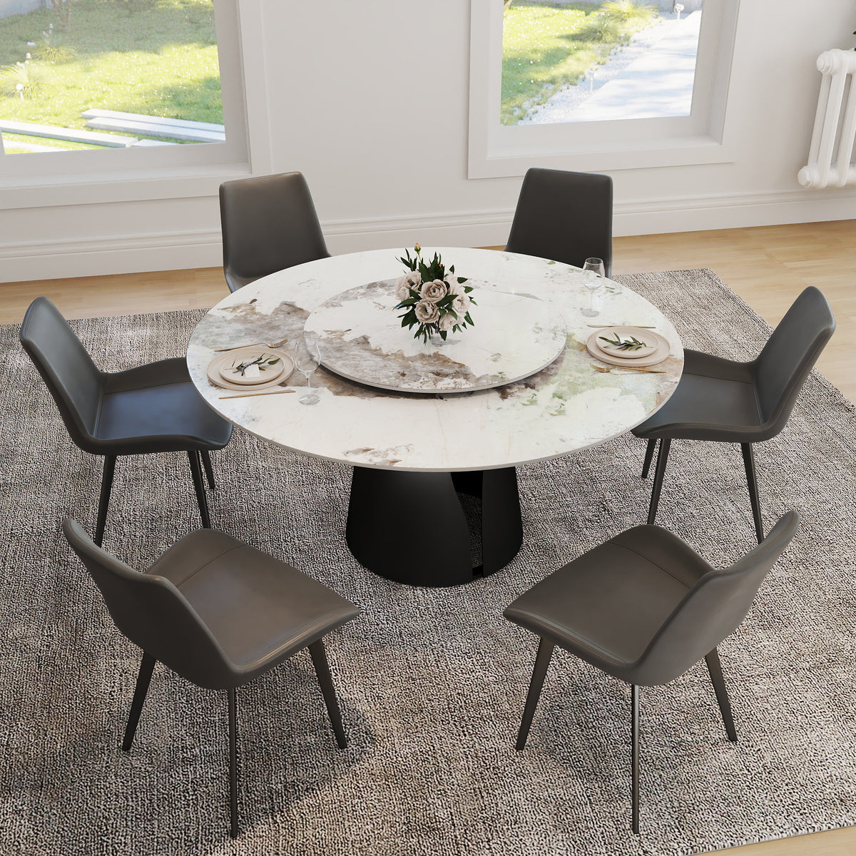 2 Sizes Round Pandora-Color Dining Table – Optional Rotating Lazy Susan, Black Pedestal Base