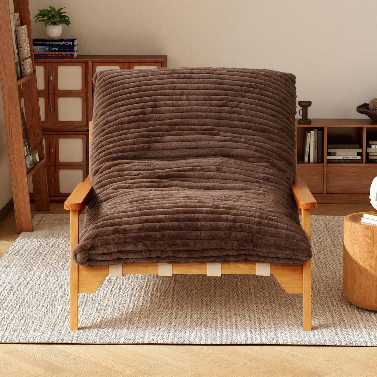 White Ash Wood Frame Chaise Lounge Accent Chair with Striped Cushion