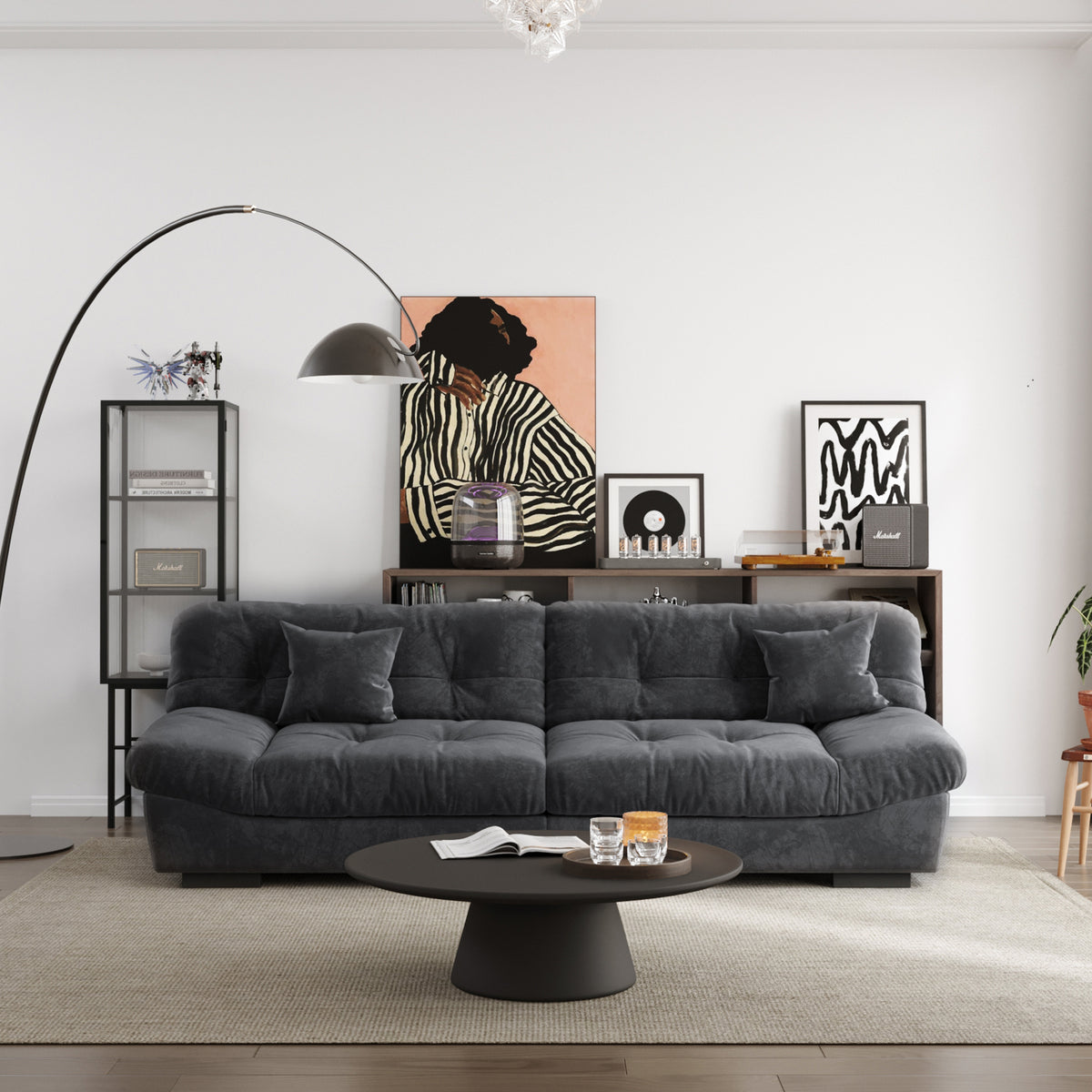 Extended Puff-Style Cushioned Modular Sofa – Soft Velvet Fabric + 3D Quilting, Retro Relaxed Vibe Living Room Sofa