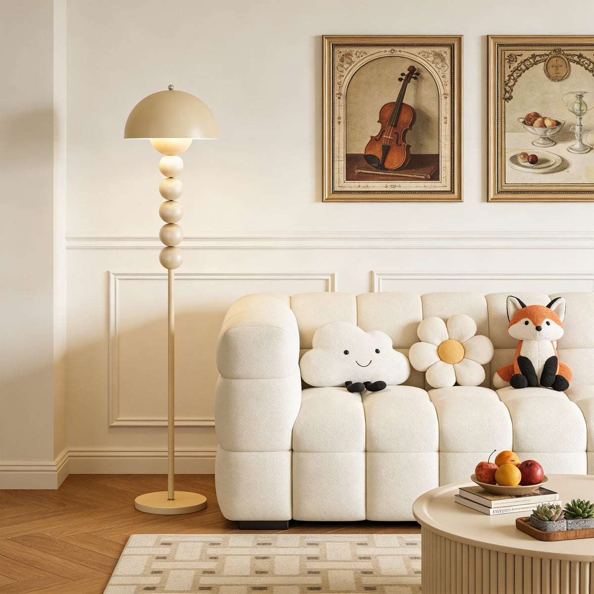 Cream Mushroom Floor Lamp with Beaded Stem – Modern Standing Lamp for Living Room & Bedroom