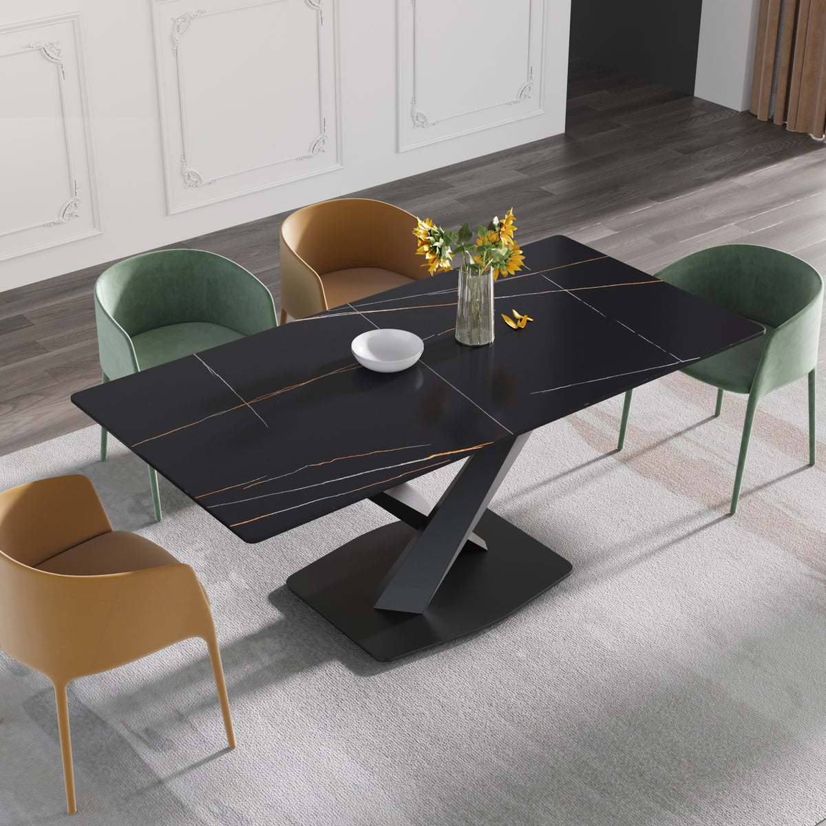 3 Sizes & 3 Colors Rectangular Dining Table – 2-Tone X-Shaped Metal Pedestal Base