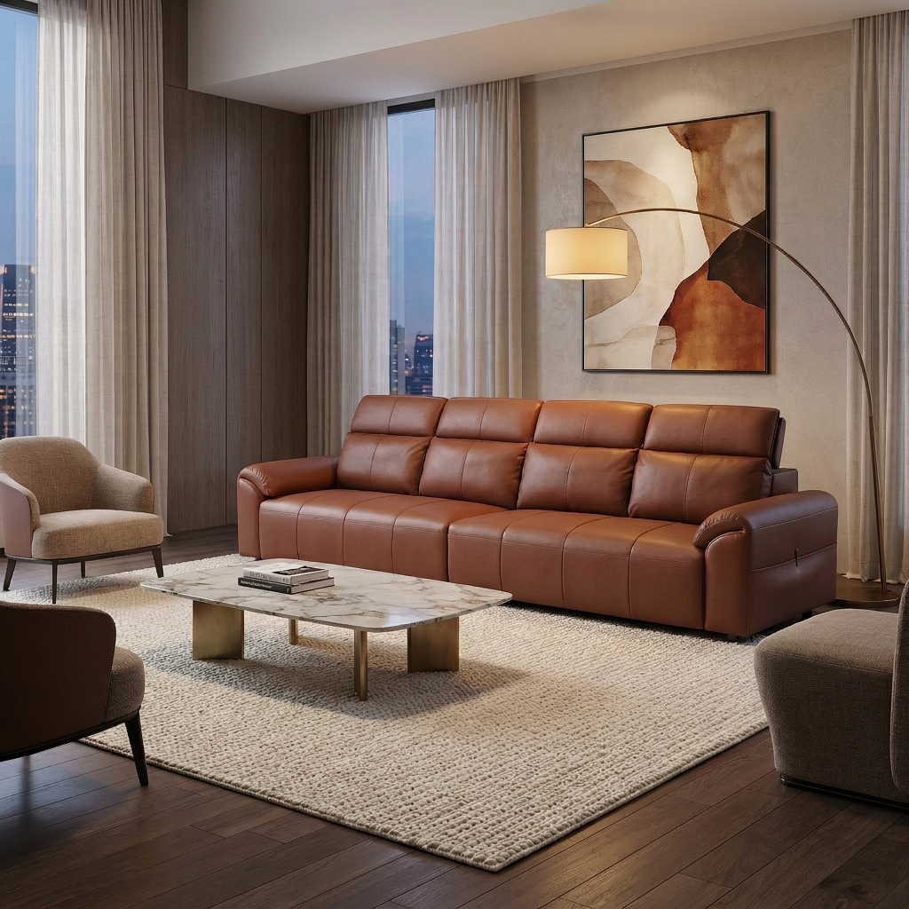 4-Seater Leather Look Sofa with Adjustable Headrests & Side Pocket Storage