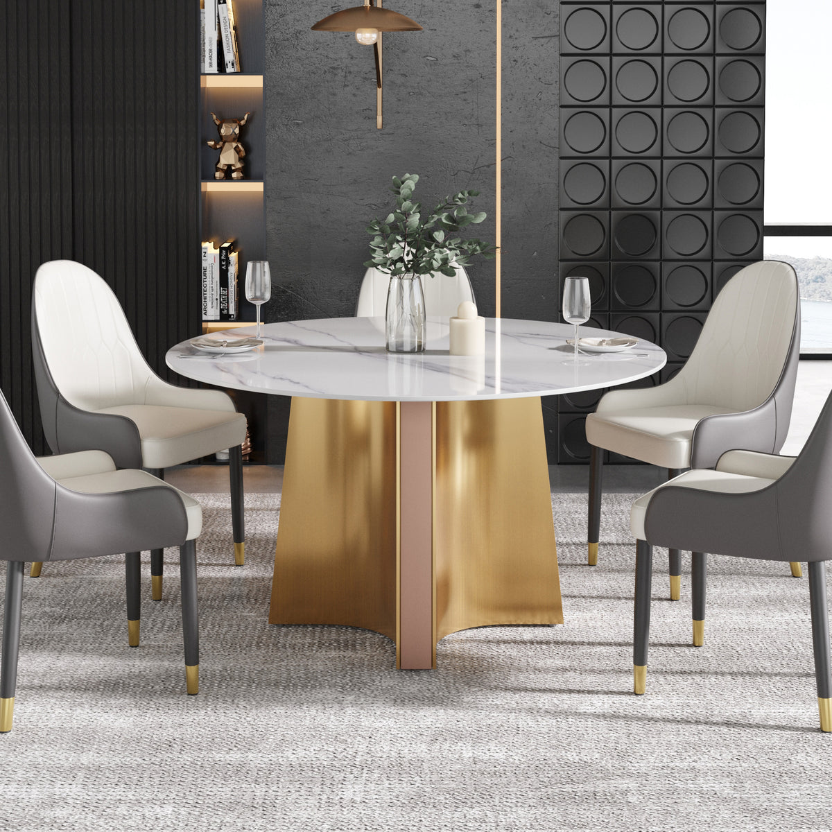 2 Sizes & 3 Colors Round Sintered Stone Dining Table – Optional Rotating Lazy Susan, Gold-Rose Gold Pedestal Base for Luxury Home