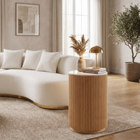 Ribbed Round Side Table – Natural Wood with Marble Tabletop, Modern End Table for Living Room