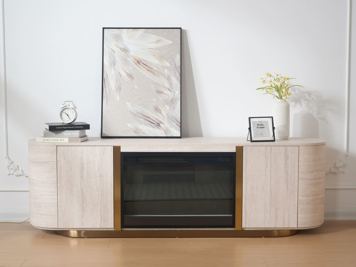 Modern Travertine Panel TV Stand with Fireplace