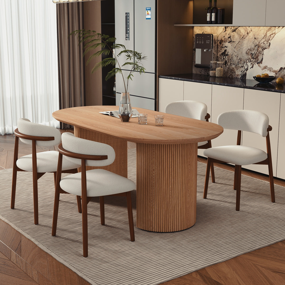Modern Oval Fluted Pedestal Dining Table – Solid Wood Grain Tabletop for Dining Room