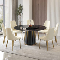 2 Sizes & 3 Colors Round Marble-Pattern Dining Table – Optional Rotating Lazy Susan, Black & Gold Metal Pedestal Base