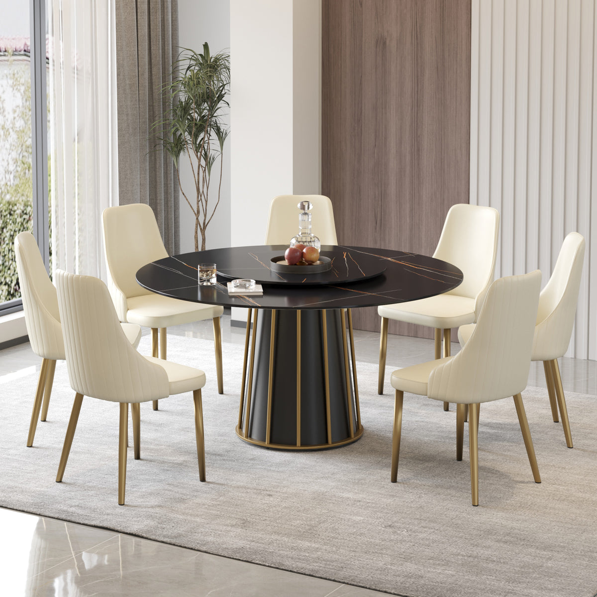2 Sizes & 3 Colors Round Marble-Pattern Dining Table – Optional Rotating Lazy Susan, Black & Gold Metal Pedestal Base