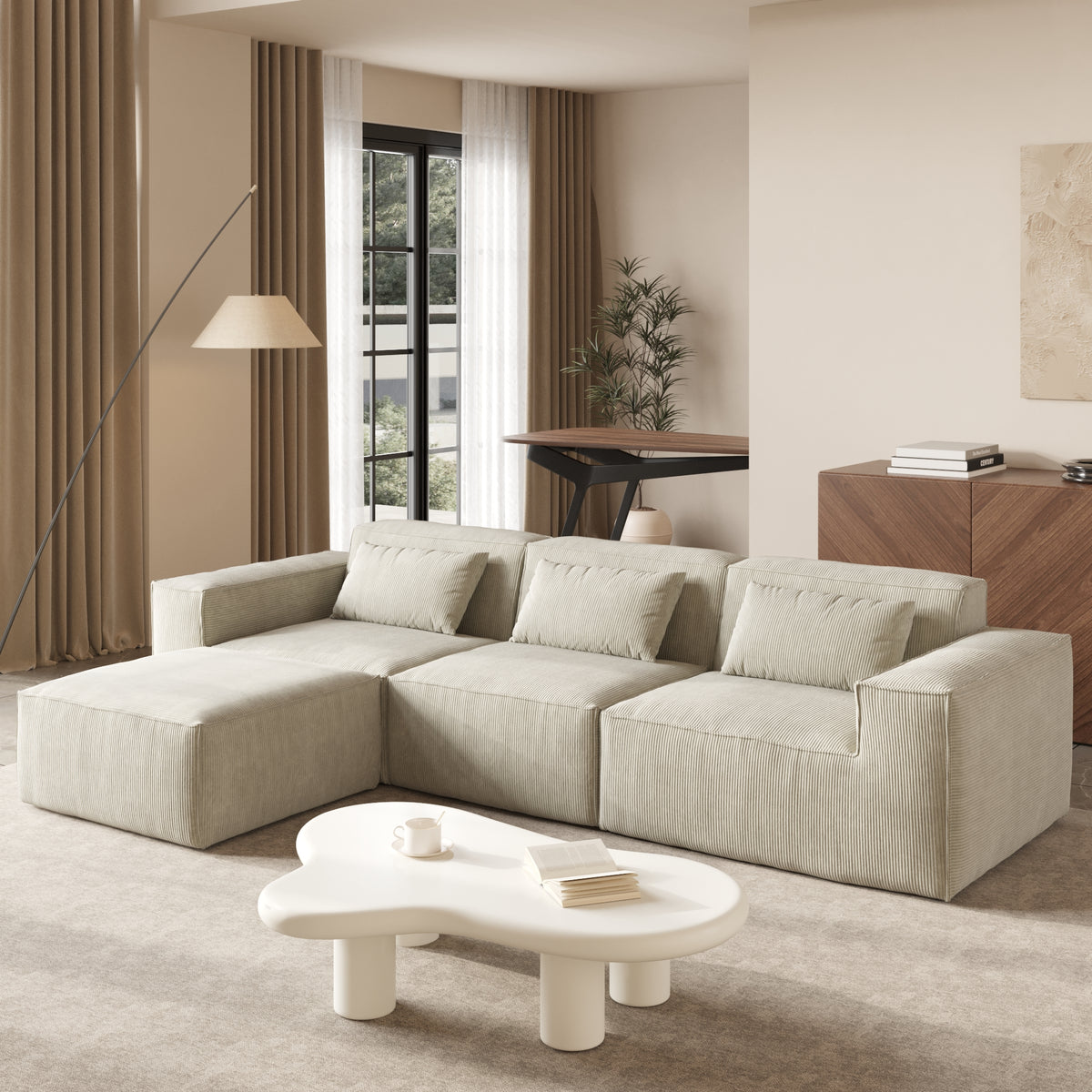 Compressible Modular Sectional Sofa – Cloud Velvet Fabric + Flexible Assembly, Minimalist Relaxed Vibe Living Room Sofa