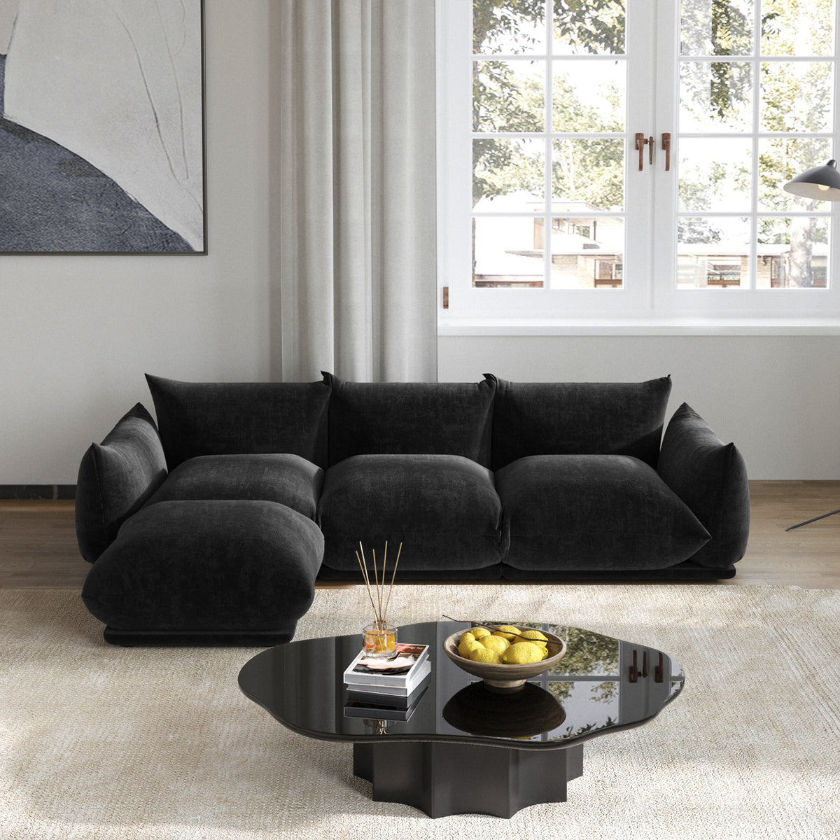 Chenille L-Shaped Modular Sofa with Ottoman – Soft Upholstery + Ground-Hugging Lazy Style, Relaxed Vibe Living Room Sofa