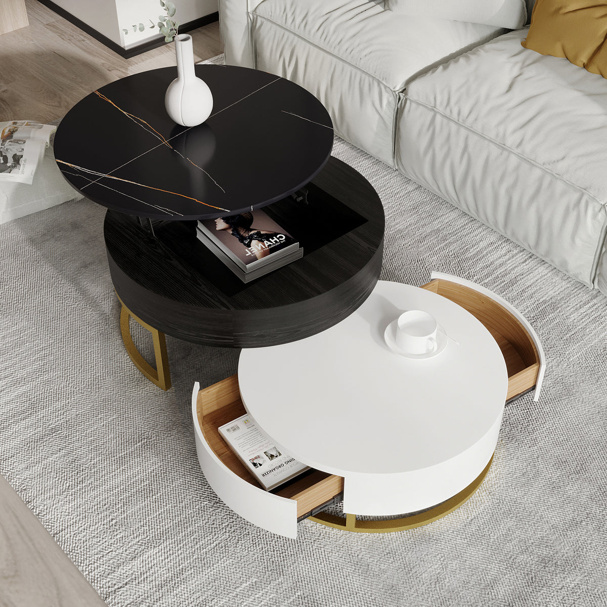 Lift-Top Nesting Coffee Table with Storage – 2 Tabletop Options (Black/White Sintered Stone)