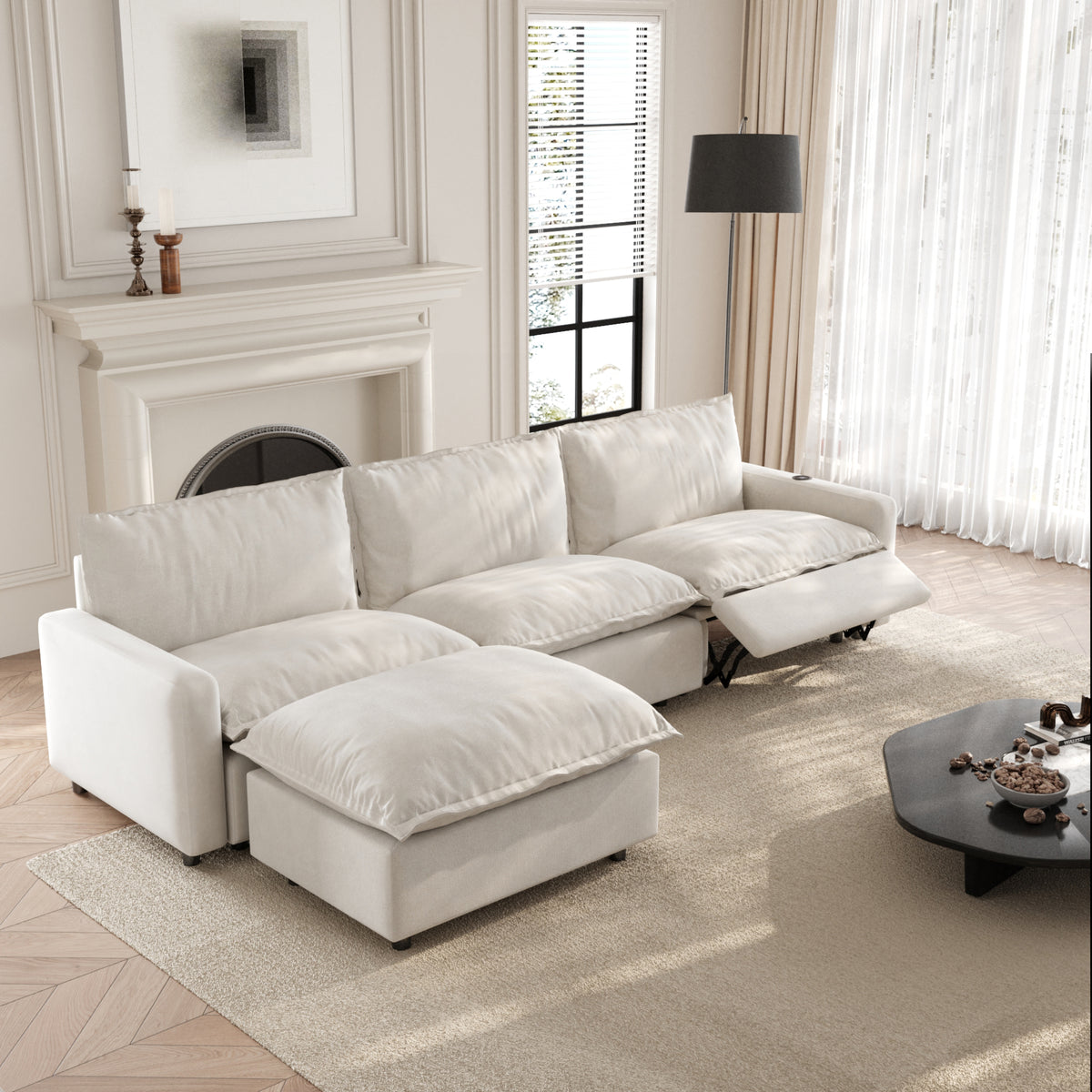 Solid Wood Frame L-Shaped Linen Sectional Sofa with Functional Recliner, Wireless Charging, Zero Gravity Recline & Seat Heating, 3 Color Options