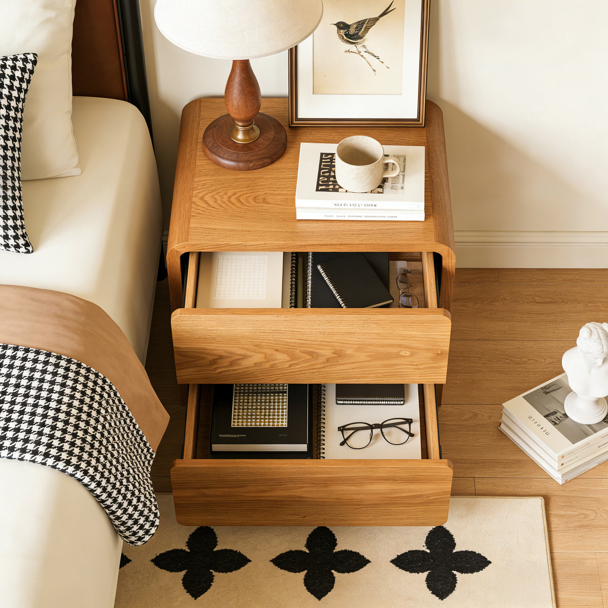 Natural Wood Tone 2-Drawer Nightstand, Modern Minimalist Bedside Table