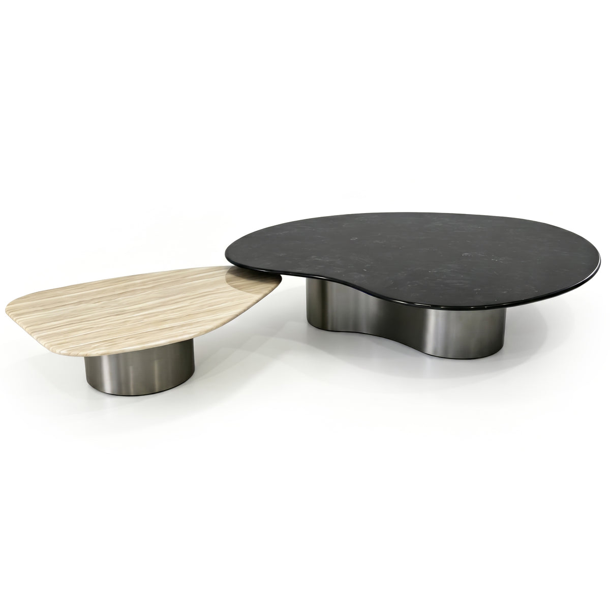 【LAS VEGAS MARKET EXHIBIT】Nesting Irregular Sintered Stone Coffee Table Set, Brushed Stainless Steel Base 2-Piece Organic Shape Living Room Center Table