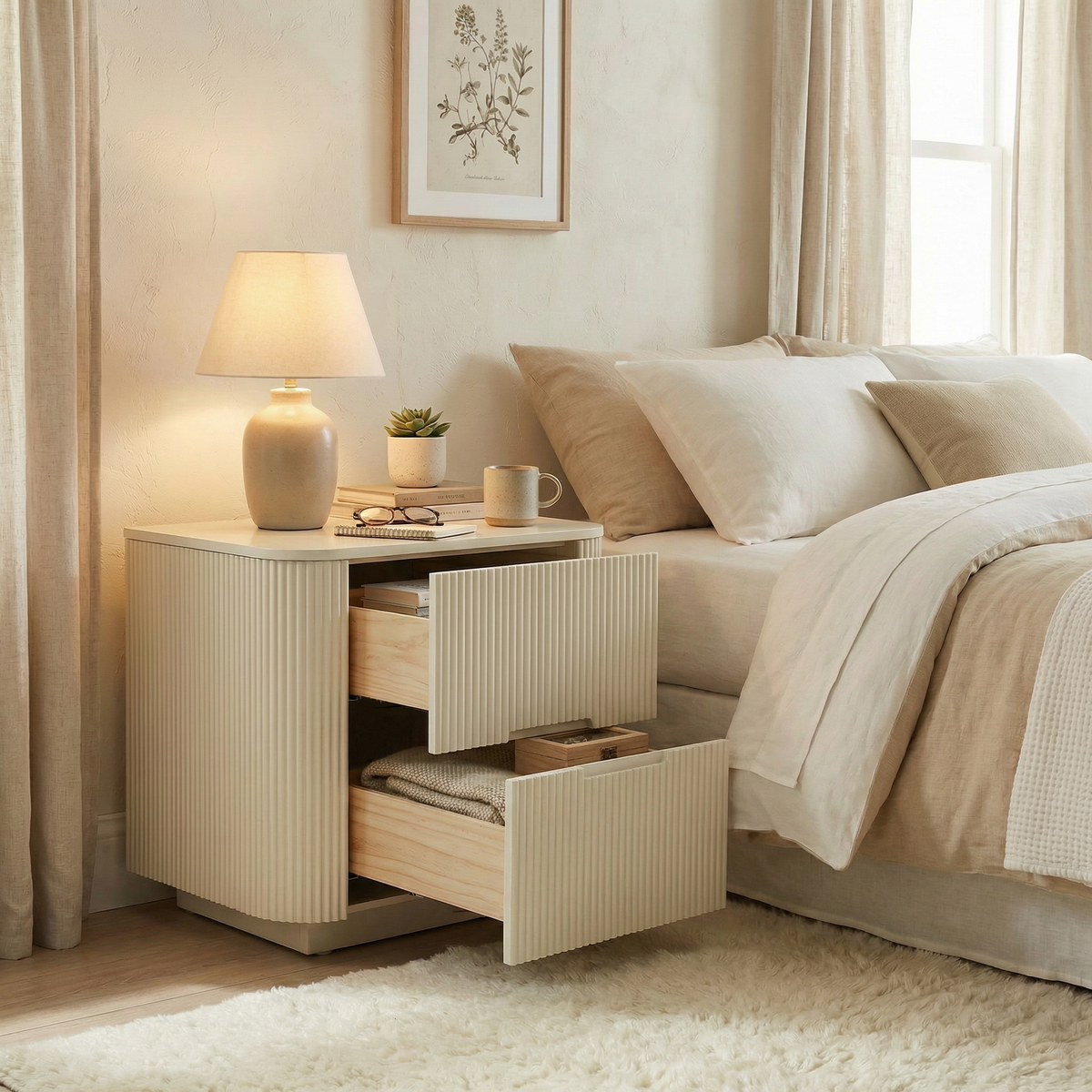 Fluted 2-Drawer Nightstand with Rounded Edges – Modern Minimalist Bedside Table