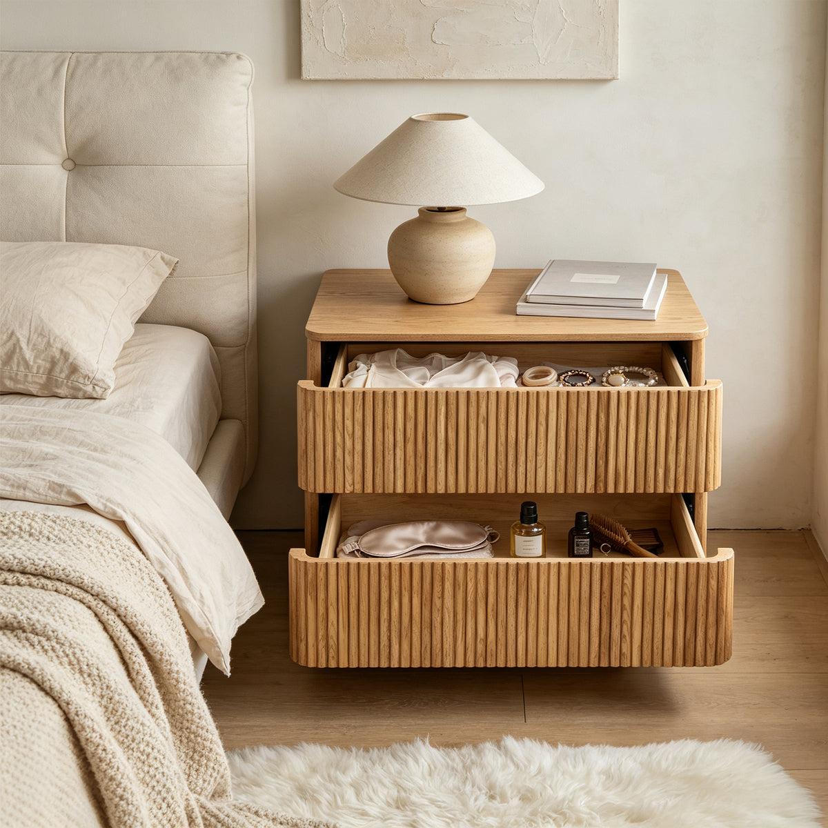 Fluted Wood 2-Drawer Nightstand, Smooth Curved Trim Wooden Bedside Storage Cabinet for Minimalist Bedroom
