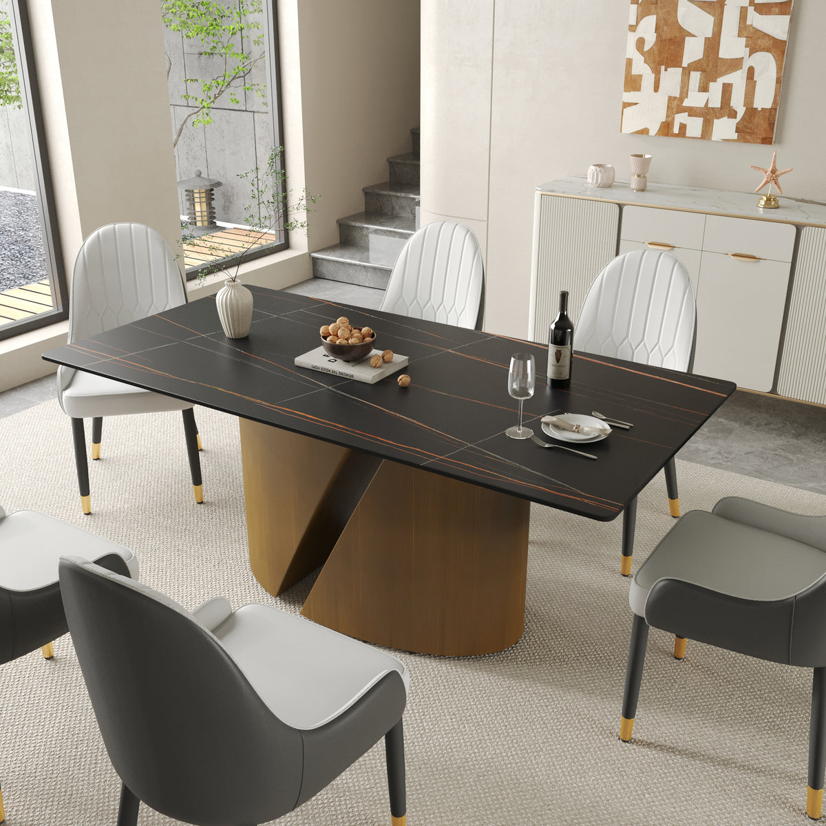 2 Sizes & 3 Colors Rectangular Dining Table – Artistic Gold Pedestal Base