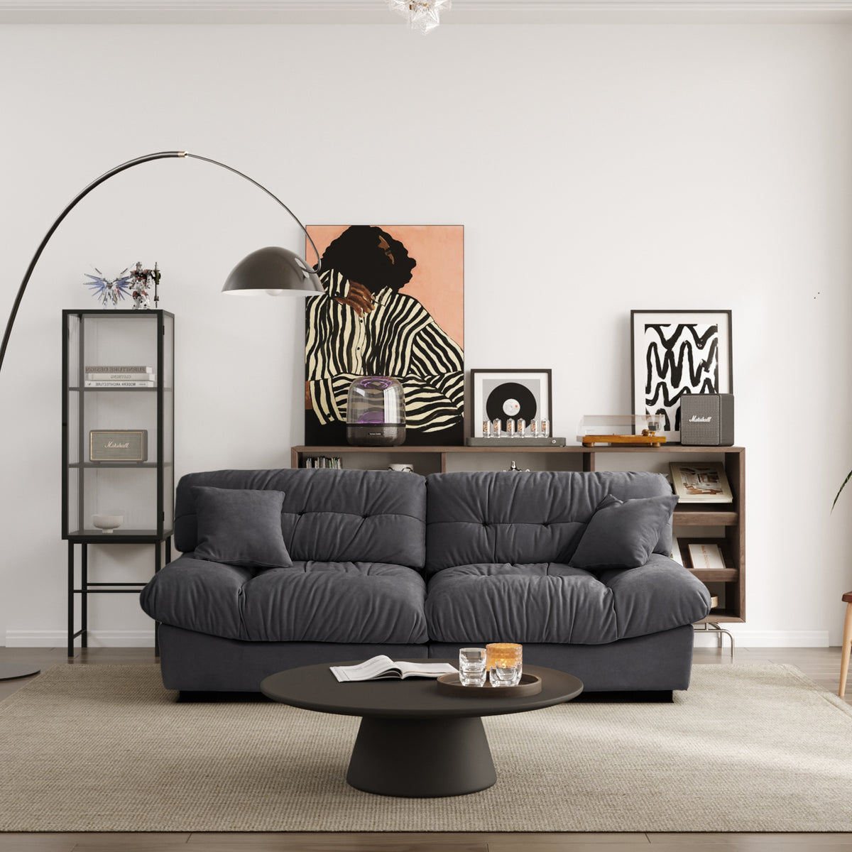 Puff-Style Cushioned Modular Sofa – Soft Velvet Fabric + 3D Quilting, Retro Relaxed Vibe Living Room Sofa