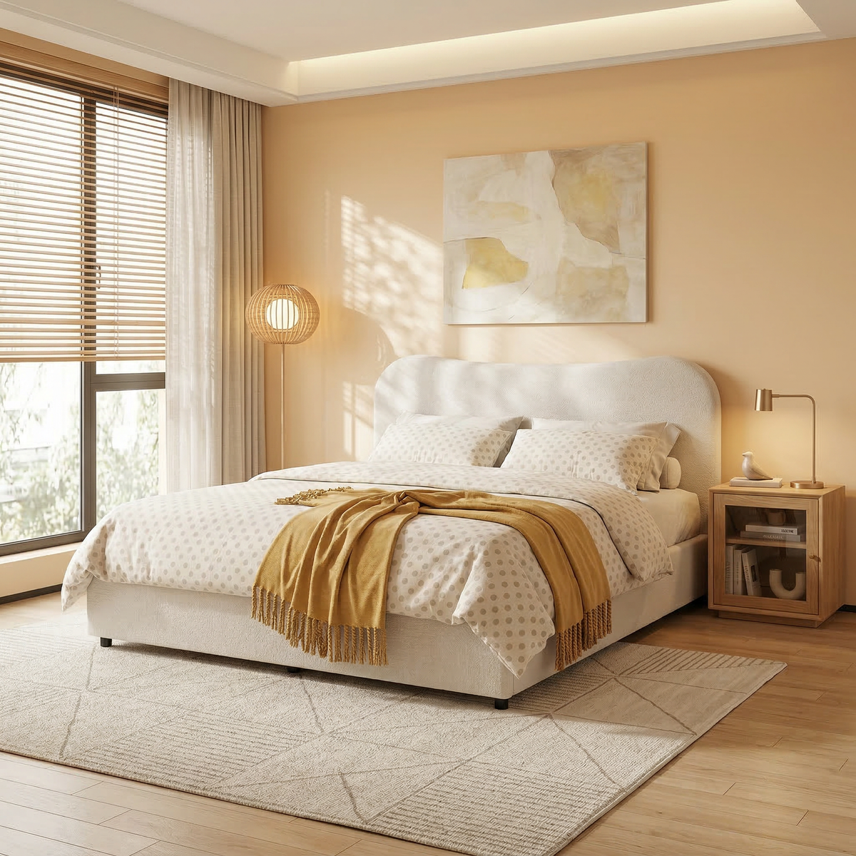 Wave-Shaped Upholstered Platform Bed – 2 Color Options, Queen & King Size